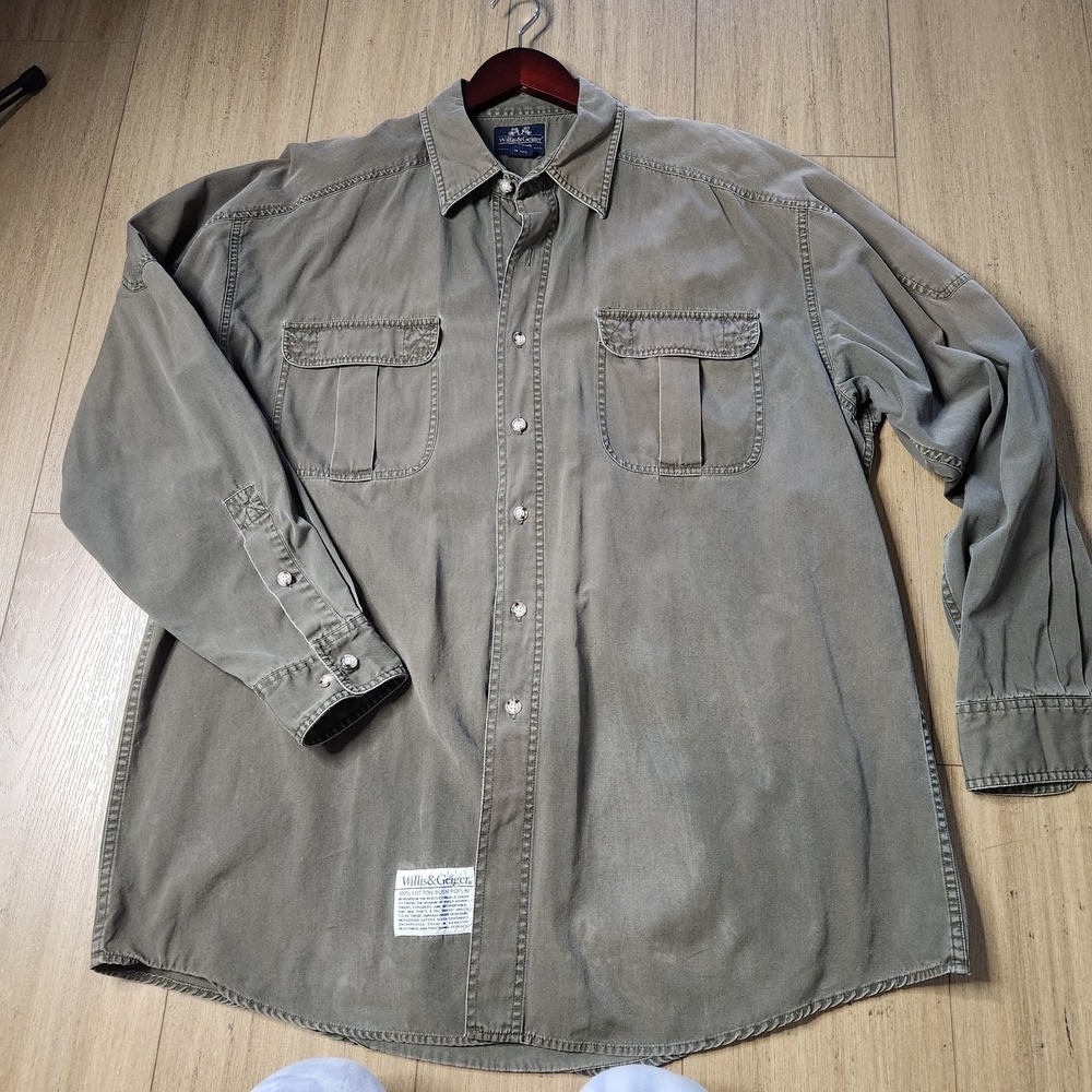 Vtg Willis & Geiger Bush Poplin Dual Flap Pocket Safari Shirt  Khaki Green XL